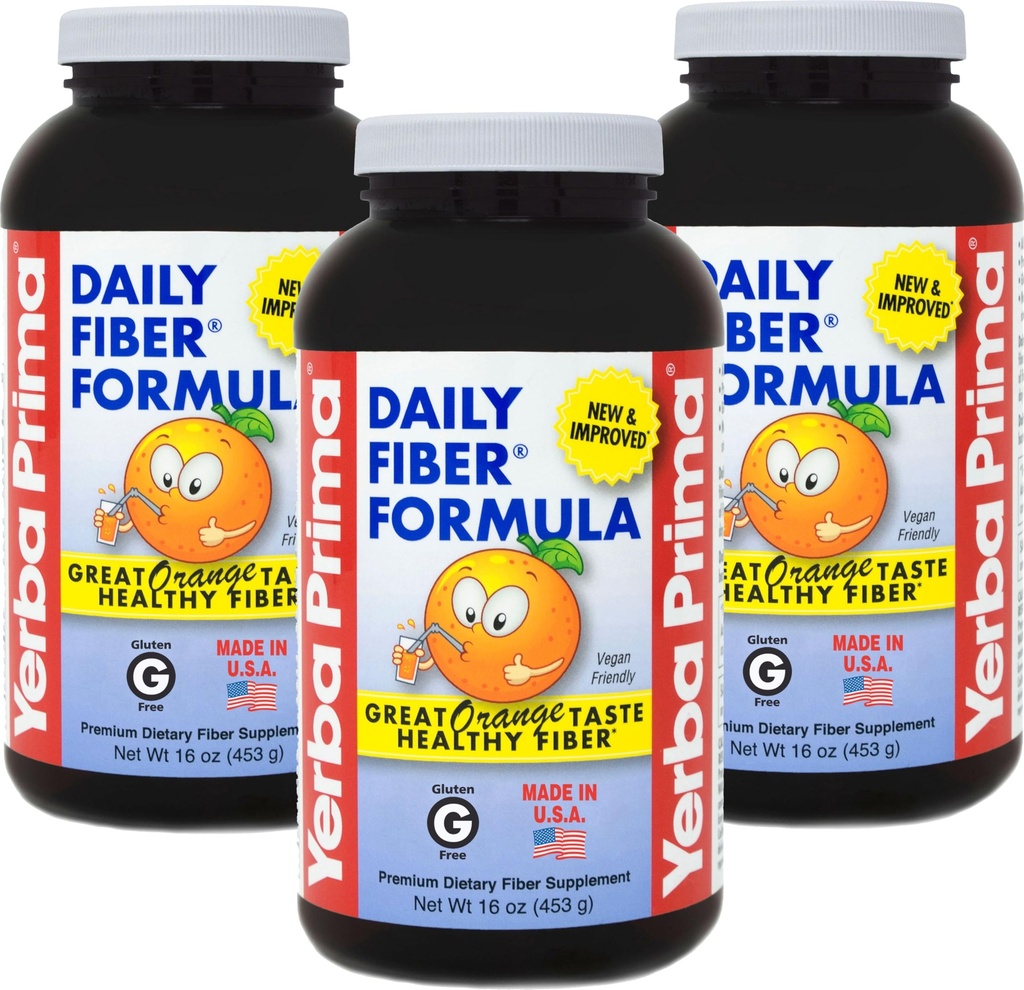 Yerba Prima Daily Fiber Formel 16 oz Powder (Pack of 3) - Great Tasting Premium Dietary Fiber Supplement, Lavet i USA, non-GMO, Gluten Free, Natural Orange Flavor