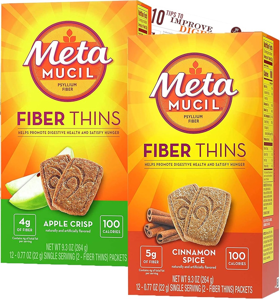 Metamucil Fiber Thins Fiber tillæg med Bleam fordøjelig sundhed støtte Tip kort Psyllium Fiber Bars - 12CT Apple Crisp & 12CT kanel spice - Set