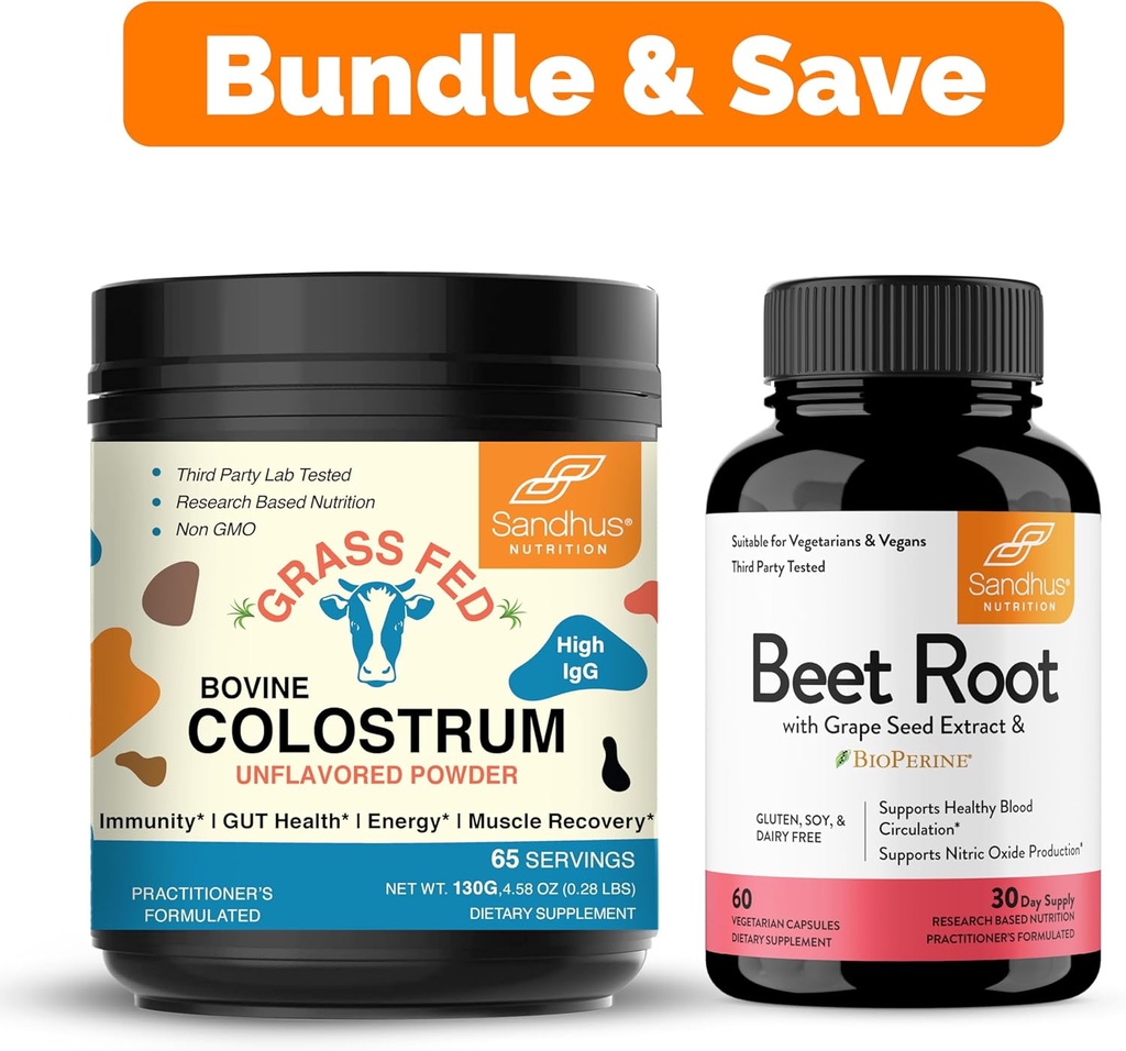 Sandhu 's Pure Bovine Colostrum Powder supplement til mennesker & Beet Root Powder med Bioperine Kapsler Budd124; Understøtter immunforsvar, Gut, Muskel & Sunde Energiniveauer