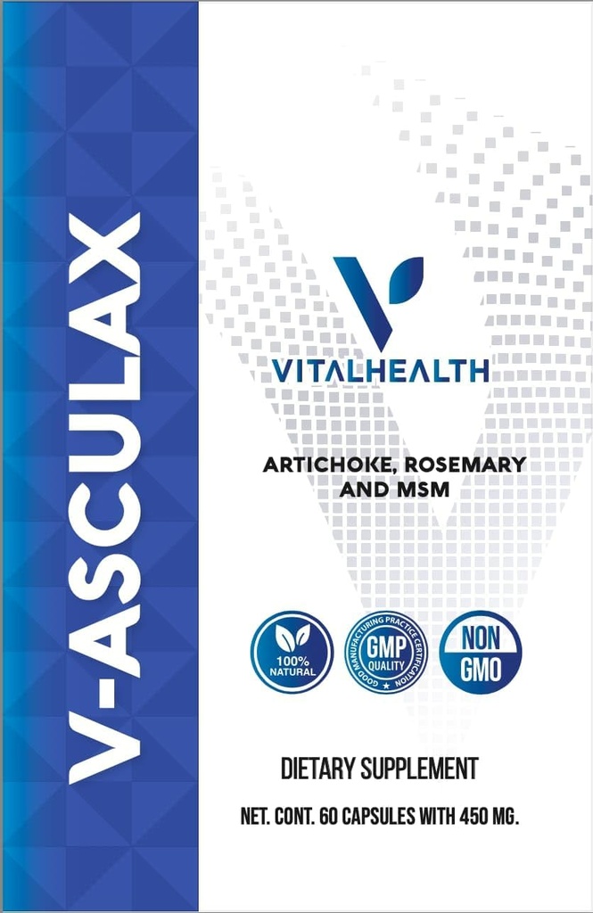 Vital Health V-Asculax Circulation Support – Heart Health, Blood Flow, Fluid Retention & Arterial Circulation – Natural Herbal Formula with Witch Hazel, Rue, Artichoke, Rosemary, MSM & Horsetail