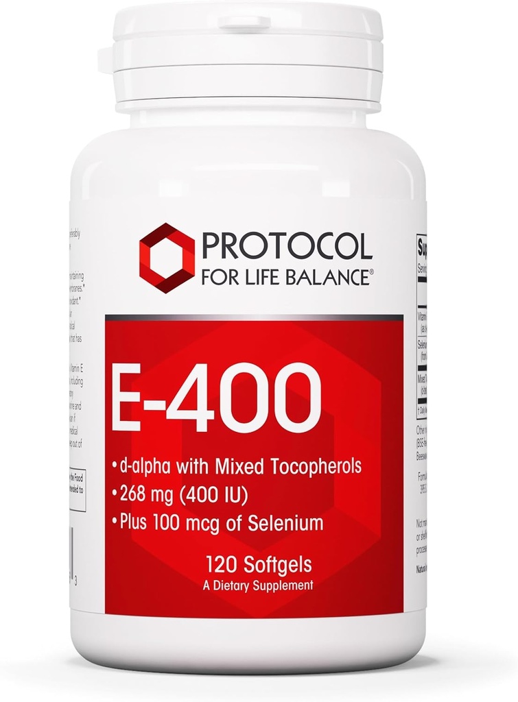 Protokol E - 400 268 (400 IE) - E-vitamin - antioxidanter supplement med Selenium - d- Alpha med blandede tocopheroler - Dairy Free & Halal - 120 Softgels