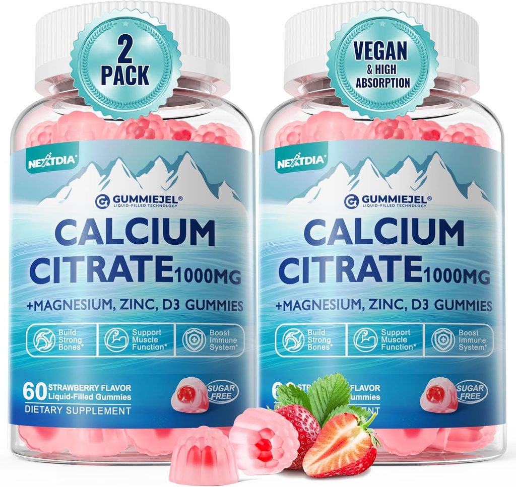 Calcium Citrate 1000mg, Calcium Gummies med Calcium & Magnesium 2: 1 Ratio, Plus vitamin D3, Zink, B6 & Kalium - Høj Absorberbar Calcium Chewable, Ben & Muscle Support, Vegan, Sukkerfri, 120Cts