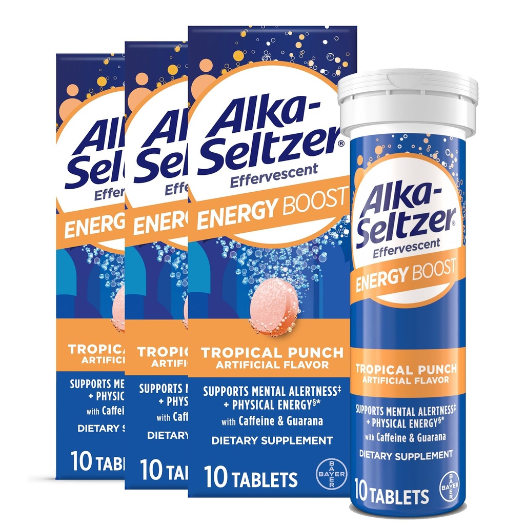 Alka- Seltzer Energy Boost: Koffein & Guarana, B Vitaminer, Understøtter Mental Alerness og fysisk energi, Dagligt Energy Supplement, Fizzy tabletter, Sugar- fri, Let Tropisk Punch Flavor, 30ct