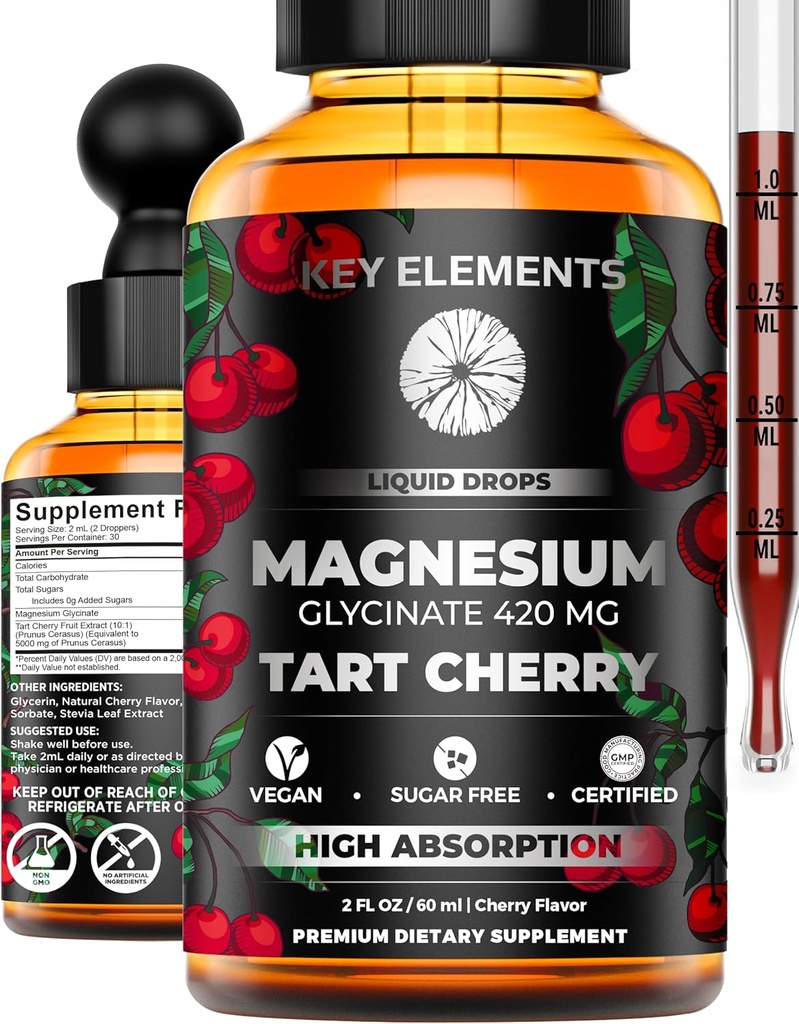 Flydende Magnesium Glycinate 420 Mg med naturlige Tart Cherry Extract 124; Magnesium Glycinate Drops supplement til søvn, Mood & Mobility Support