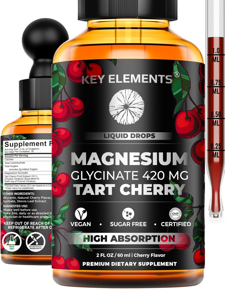 Flydende Magnesium Glycinate 420 Mg med naturlige Tart Cherry Extract 124; Magnesium Glycinate Drops supplement til søvn, Mood & Mobility Support