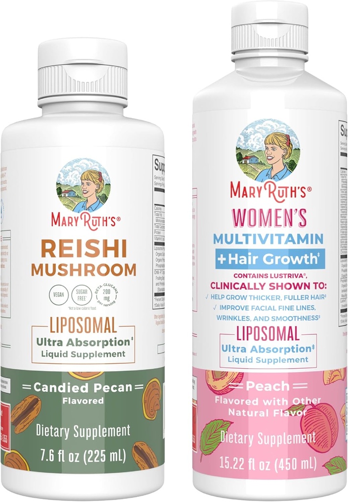 MaryRuth Organics Reishi Liposomal (Candice Pecan) & Multivitamin + hårvækst (Peach) - 124; Clean Label Project Verified ® - 124; Vitamin til Immunitet, Skønhed & Samlet Wellness - 124; Vegan, Gluten- Free