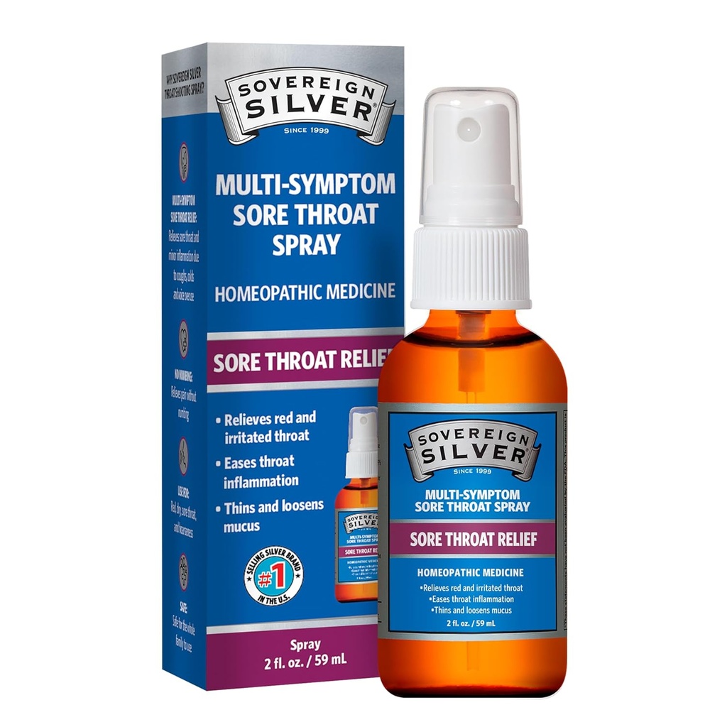 Sovereign Sølv Sore Throat Spray - Kolloid Sølv Throat Spray, Immun Support for voksne og børn, Dagligt brug flydende Argentum Nitricum Solution - 2 fl oz (59ml)