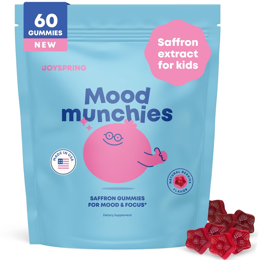 JoySpring Mood Munchies Safran Gummies for Kids 4 + Note 124; Safran Extract Supplement med GABA, Passion Flower & St Johns Wort