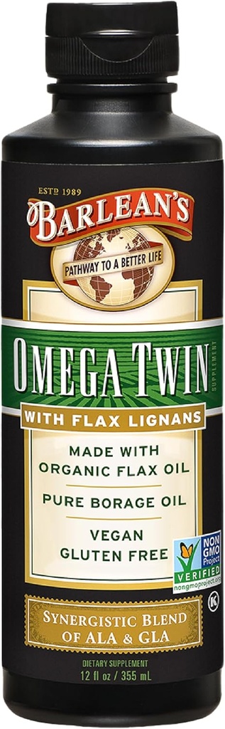 Barlean 's Omega Twin Liquid Flaxsee Oil and Pure Borage Oil Supplement med lignan, 6,010mg ALA og 465mg GLA Omega Fedtsyrer fra Økologisk Hør frø og koldt presset Borage Frø, 12 oz