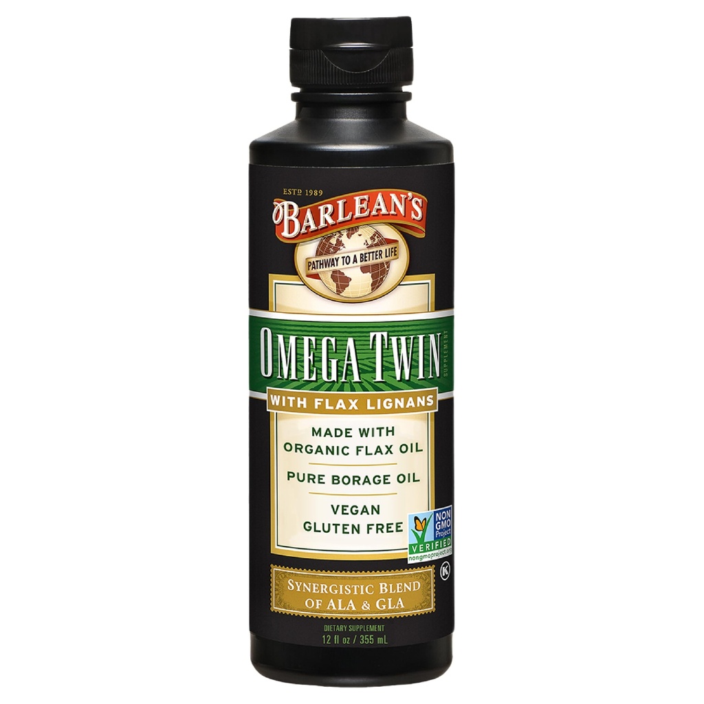 Barlean's Omega Twin Liquid Flaxseed Oil and Pure Borage Oil Supplement with Lignans, 6,010mg ALA and 465mg GLA Omega Fatty Acids from Organic Flax Seed and Cold Pressed Borage Seeds, 12 oz