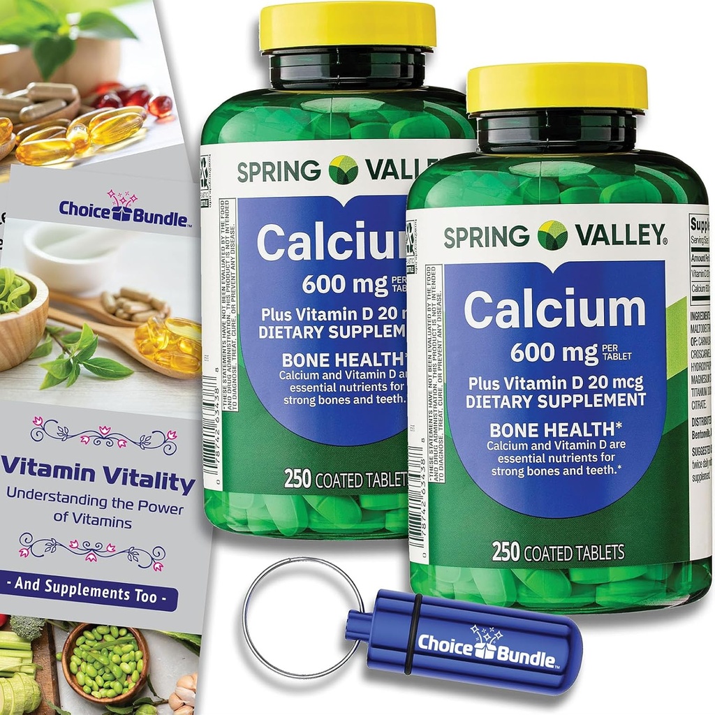Choice Bundle Spring Valley Calcium Plus Vitamin D Tablets 600 mg 250 Ct 2 pk (500 Total) + “Vitamin Vitality” Guide & Pill Container (4 Items)!