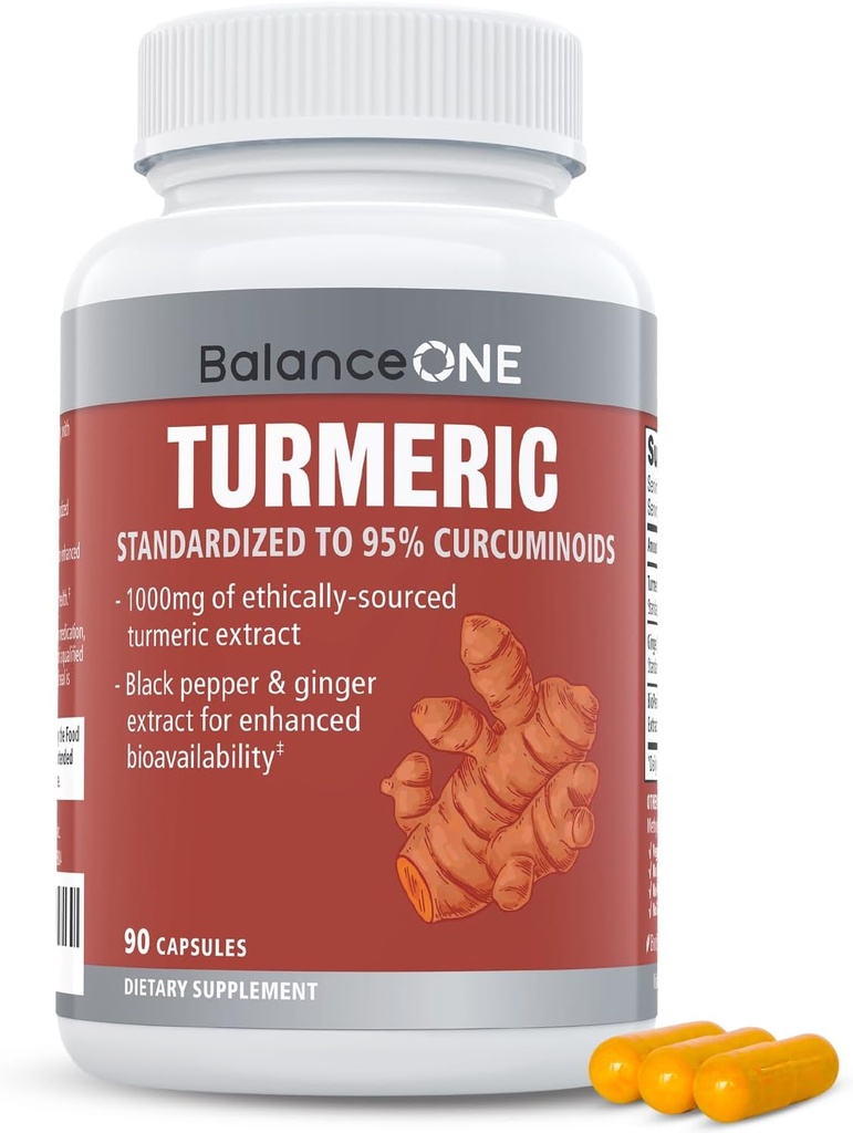 Balance One Turmerisk Extract 1000mg med Max Strength 95% Curcuminoider - Turmerisk Curcumin supplement til fælles Comfort & Antioxidant Support - Ingefær Extract og BioPerine - 1 måned Supply