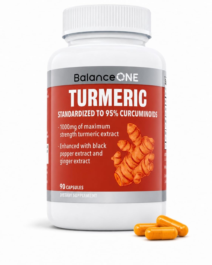 Balance One Turmerisk Extract 1000mg med Max Strength 95% Curcuminoider - Turmerisk Curcumin supplement til fælles Comfort & Antioxidant Support - Ingefær Extract og BioPerine - 1 måned Supply