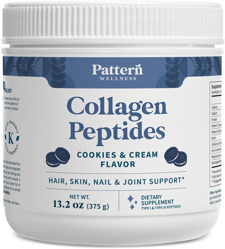 Pattern Wellness Collagen Peptides Powder (Type I & III) - Hair, Nails, Skin & Joint Support - Grass Fed & Pasture-Raised - Hydrolyzed, Non-GMO, Dairy Free, & Keto-Friendly - Cookies & Cream (13 Oz)