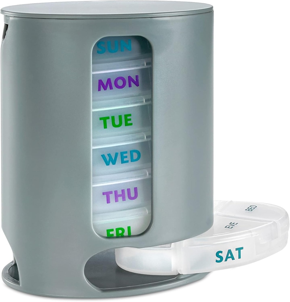 MEDca Weekly Pill Organizer, 1 dispenser, 7 stablede kompartmenter Fire tid- a- dag - Morgen, Noon, Aften, og Sengetid, Grey