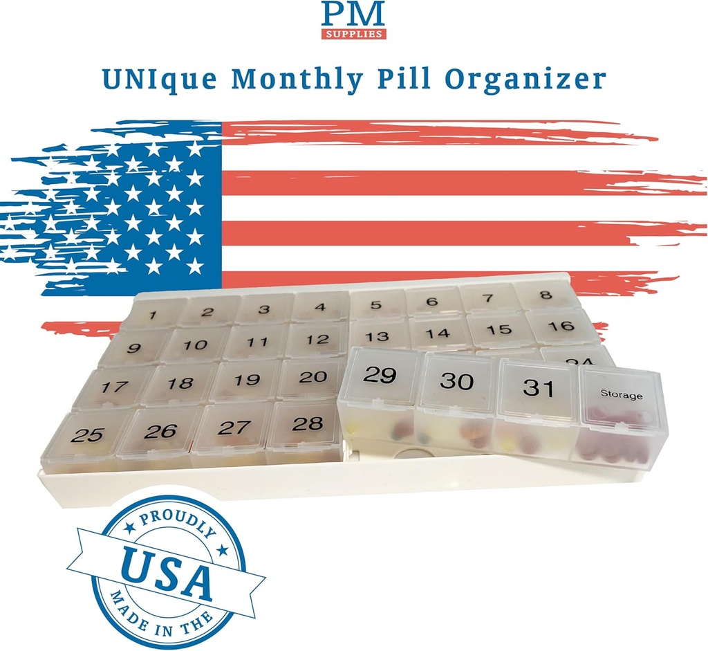 Unique XL Monthly Pill Organizer med 31 rum, 1 per dag, 4 Uge Fuld Måned 31 Dag Pill Organizer, Inkluderer Tray og 8 Ekstra store flytbare rum