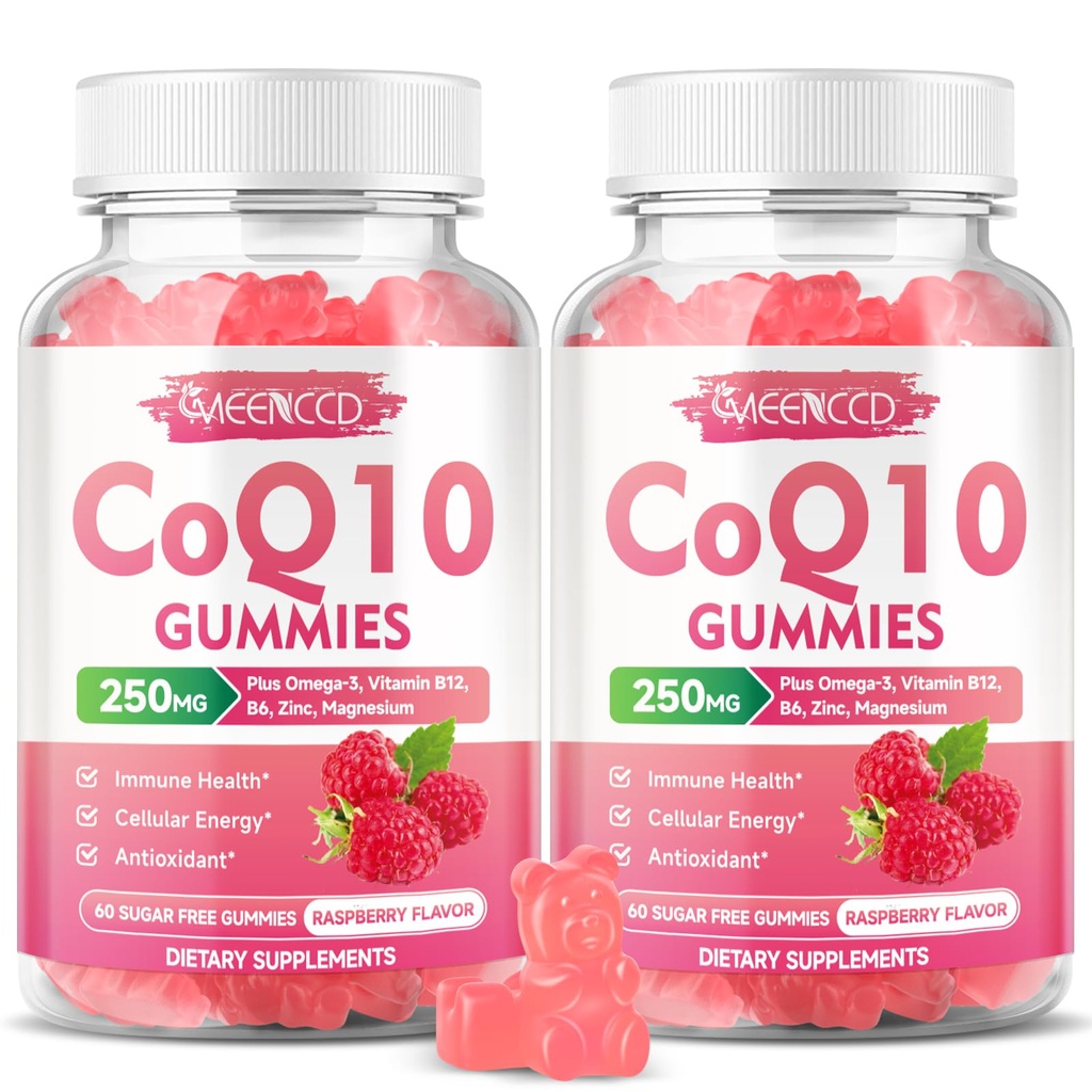 Sukkerfri CoQ10 Gummies 250 mg, Coenzym Q10 Kosttilskud Plus Omega-3, Vitamin B6 & Zink, Høj Absorption CoQ10 Supplement til Cellular Energy & Antioxidant Support, Raspberry Flavor, Vegan 120Cts