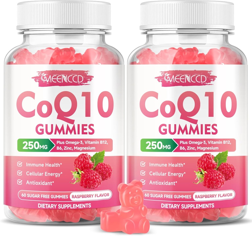 Sukkerfri CoQ10 Gummies 250 mg, Coenzym Q10 Kosttilskud Plus Omega-3, Vitamin B6 & Zink, Høj Absorption CoQ10 Supplement til Cellular Energy & Antioxidant Support, Raspberry Flavor, Vegan 120Cts