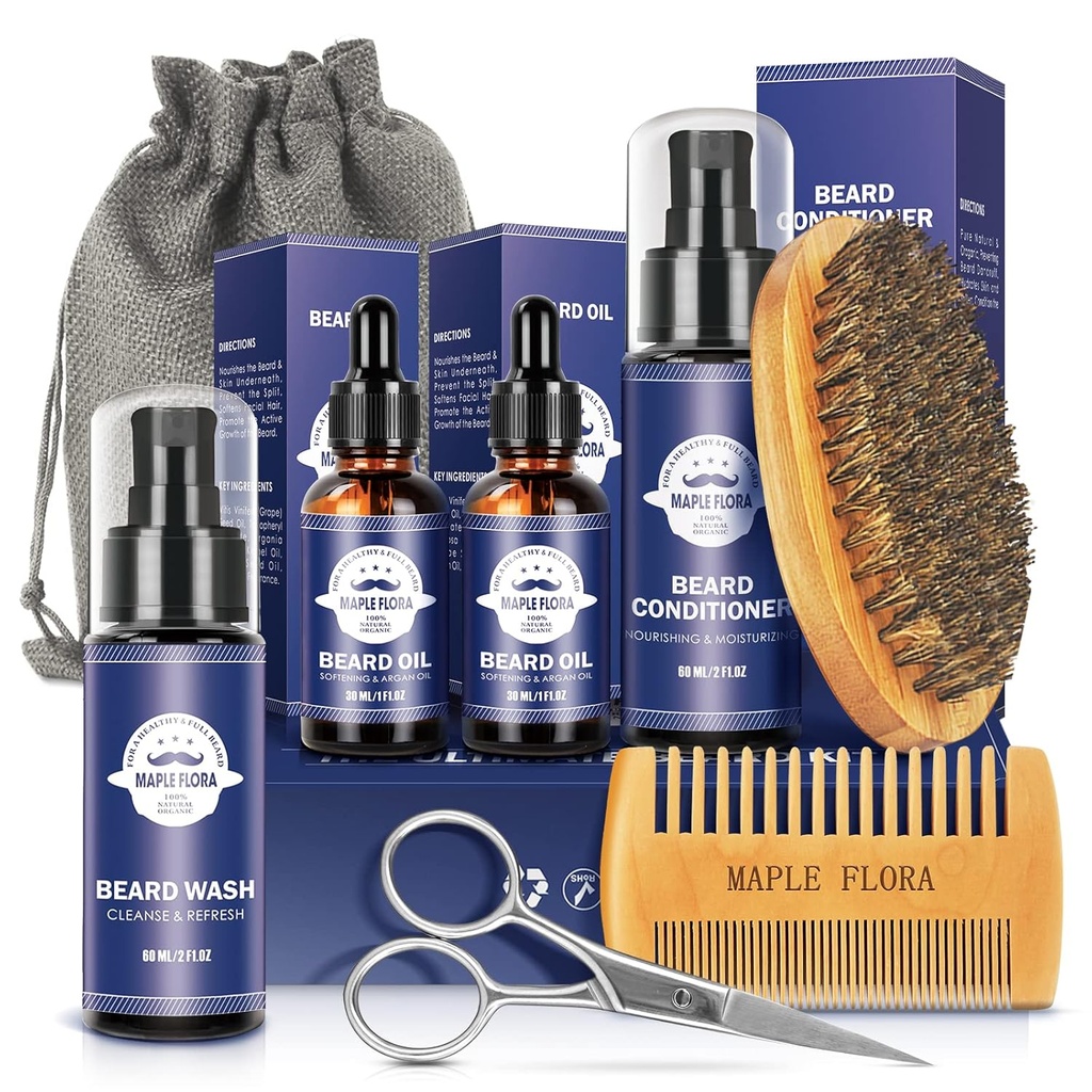 Beard Care Kit Gaver sæt W / Beard Conditioner, 2 Packs Beard Oil, Beard Wash, Brush, Comb, Saks, Bag, E-bog, Nuværende fødselsdagsgaver Holiday Gaver for mænd ham far Kæreste Mand