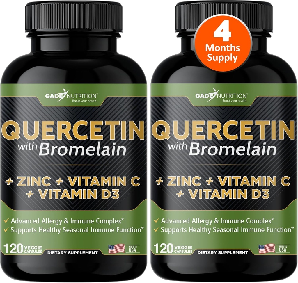Gade Nutrition Quercetin with Vitamin C and Zinc - Quercetin 500mg - Quercetin with Bromelain - Zinc Quercetin - Quercetin Supplements + Vitamin D3 (Non-GMO, Gluten-Free, Vegan) - 4 Month Supply