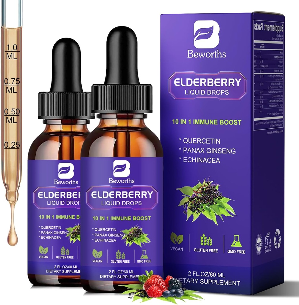 2 Pack Elderberry Syrup, Black Elderberry Drops med Quercetin, Panax Ginseng, C-vitamin og zink, Sambucus Elderberry Syrup Væske til immunforsvar, Vegan, Non- GMO & Gluten Free