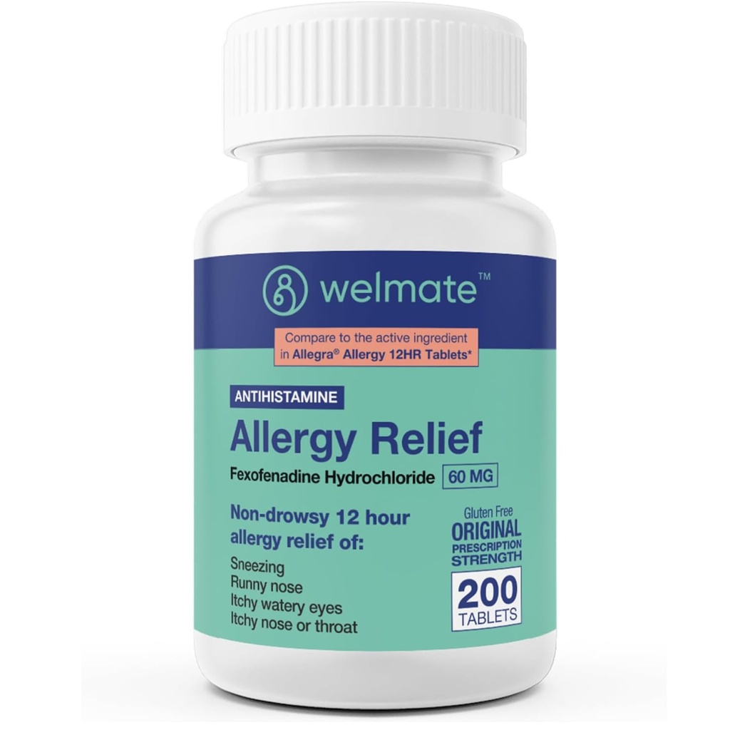 WELMATE - Allergy Relief - Fexofenadine HCl 60 mg - 12 timers ikke- Drowsy Antihistamin - Nysen - Runny Næse - Itchy Eyes, Næse & Hals - Allergy Relief Tablets - 200 Count
