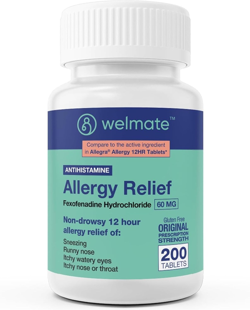 WELMATE - Allergy Relief - Fexofenadine HCl 60 mg - 12 timers ikke- Drowsy Antihistamin - Nysen - Runny Næse - Itchy Eyes, Næse & Hals - Allergy Relief Tablets - 200 Count