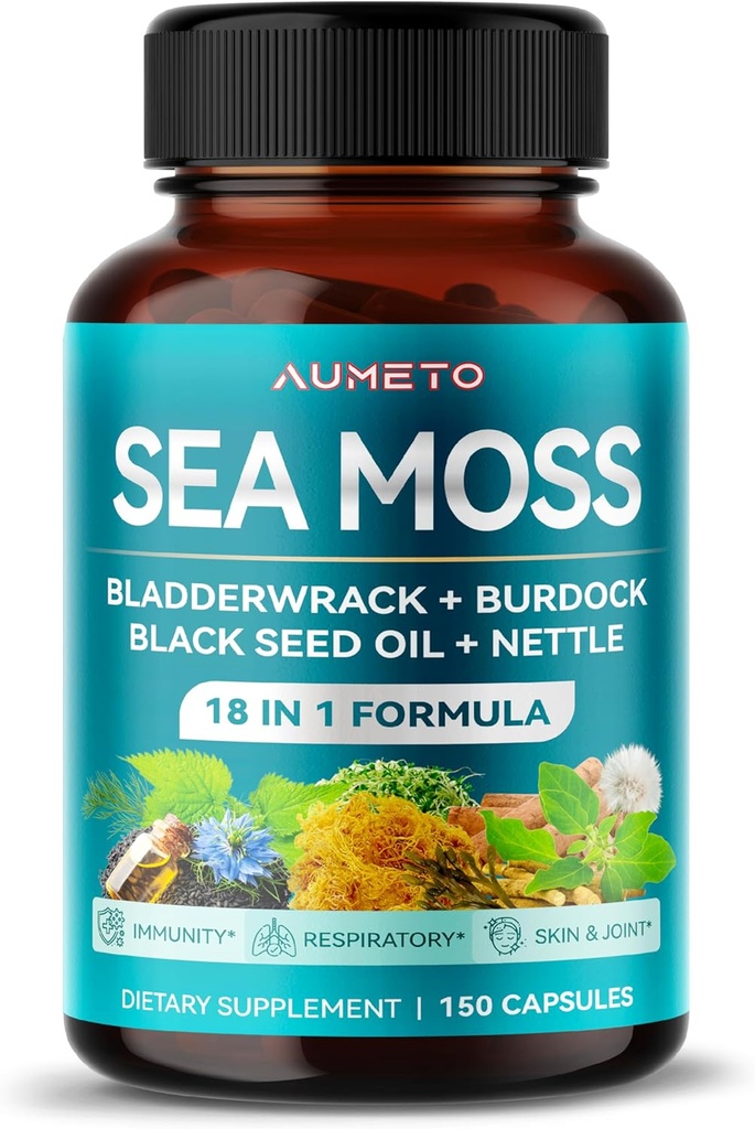 Premium Sea Moss Supplement with Black Seed Oil, Ashwagandha, Bladderwrack, Nettle- Advanced 18-in-1 Formula for Immunity Boosting, Mineral-Rich - Made in The USA (150 Count (Pack of 1))