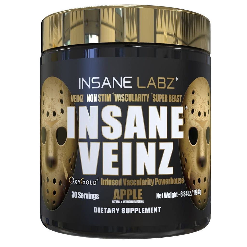 Insane Labz Insane Veinz Gold, Nitrooxid Non Stimulant Pre Workout Powder, Indlæst med Hydromax, Nitrosigine, Øger vaskularitet og blodgennemstrømning, 30 Srvgs, Apple