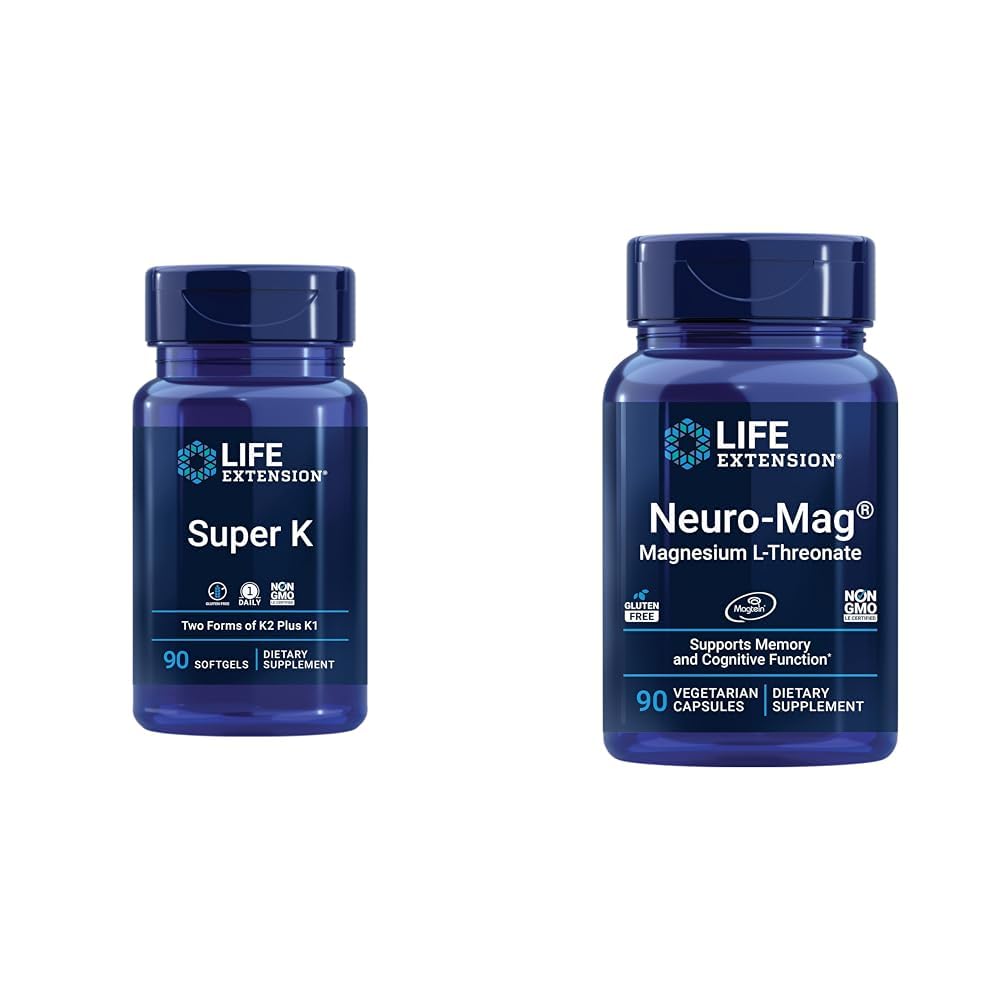 Life Extension Super K, Vitamin K1, Vitamin K2 mk- 7, Vitamin K2 mk-4 & Neuro- mag Magnesium L- threonat, Magnesium L- threonat