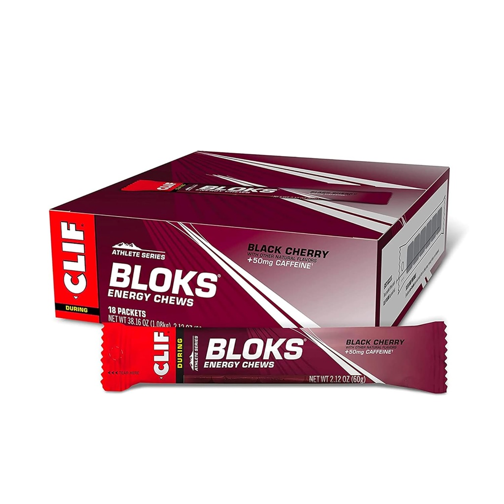 CLIF BLOKS - Black Cherry Flavor med koffein - Energikogning - Non- GMO - Plant baseret - Fast Fuel til cykling og løb - Quick Carbohydrates and Electrolytes - 2.12 oz. (18 Greve)