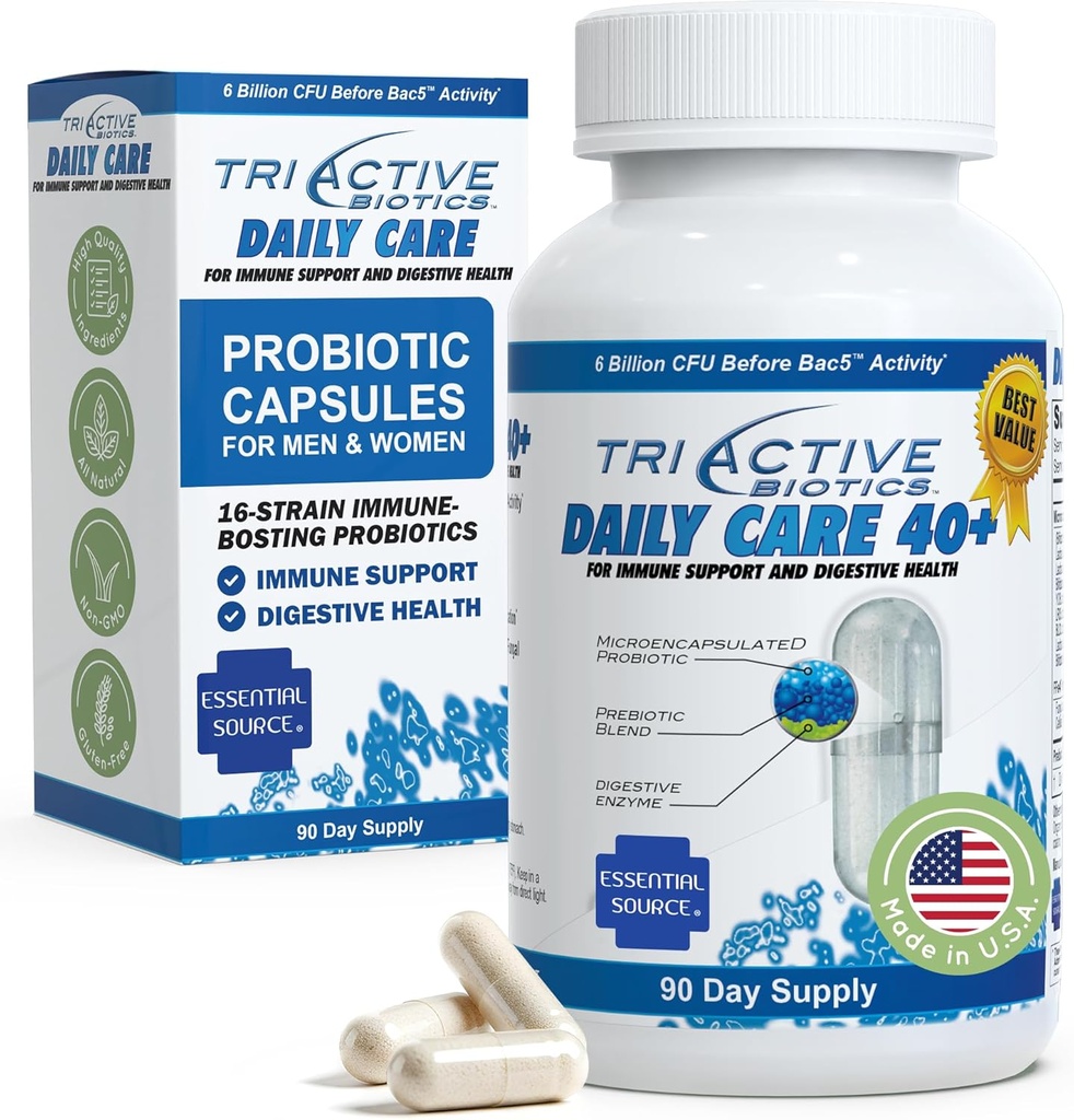 TriActive Biotics Daily Care - Probiotika til kvinder og mænd, Prebiotic Blend med 6 Millioner CFU - Probiotika til fordøjelse - Support Gut Health, immunforsvar - 90 kapsler