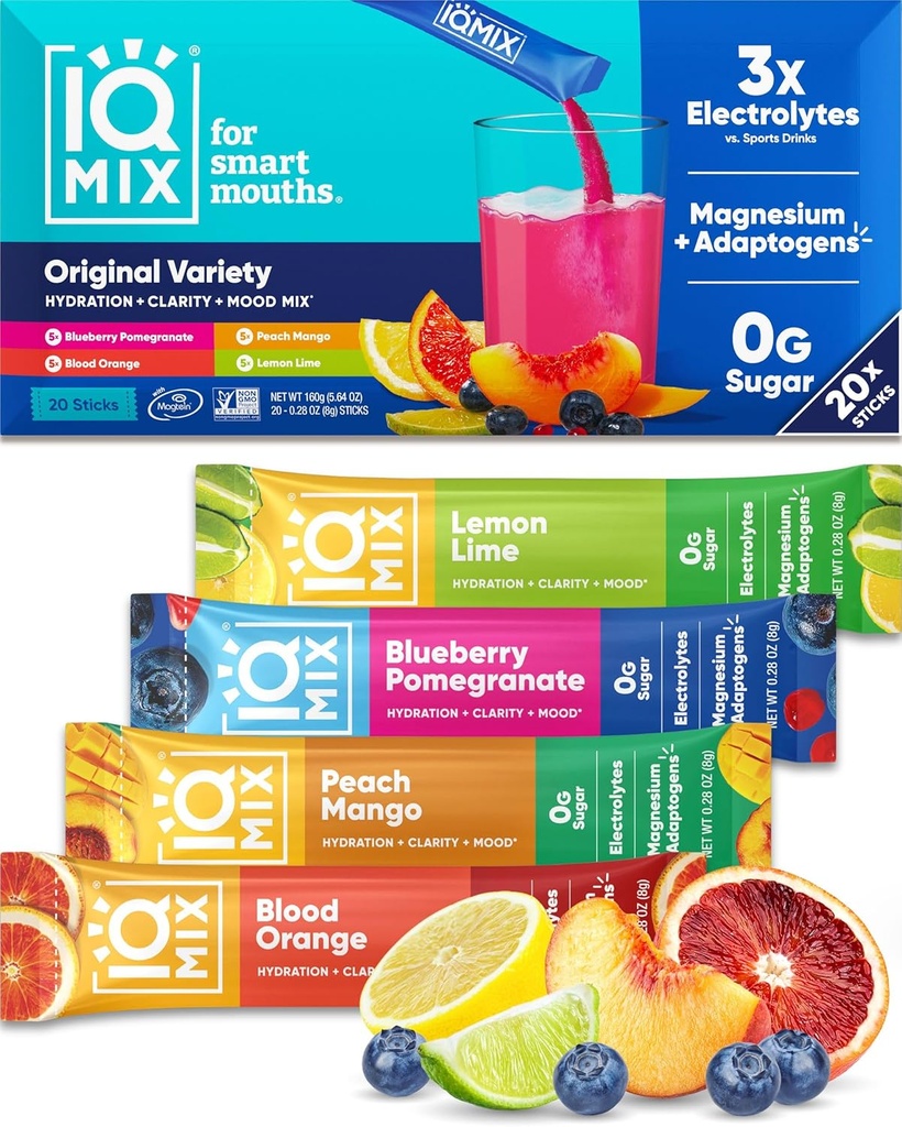 IQMIX Hydration Electrolyte Powder - 4-in-1 Formel til Hydration, Mental Klarhed, Mood og Inddrivelse - Sugar- Free Drink Mix, Keto, Magnesium L- Threonate, Lions Mane - 20 Count Variety Pack