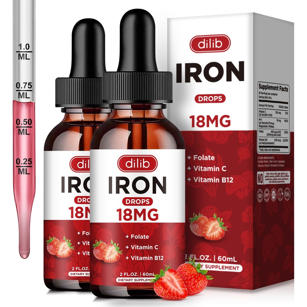 (2 Pack) Flydende jerntilskud til kvinder og mænd jerndråber Jerntilskud til anæmi med folat, C-vitamin, B12 til røde blodceller Support-Strawberry, 4 Fl Oz