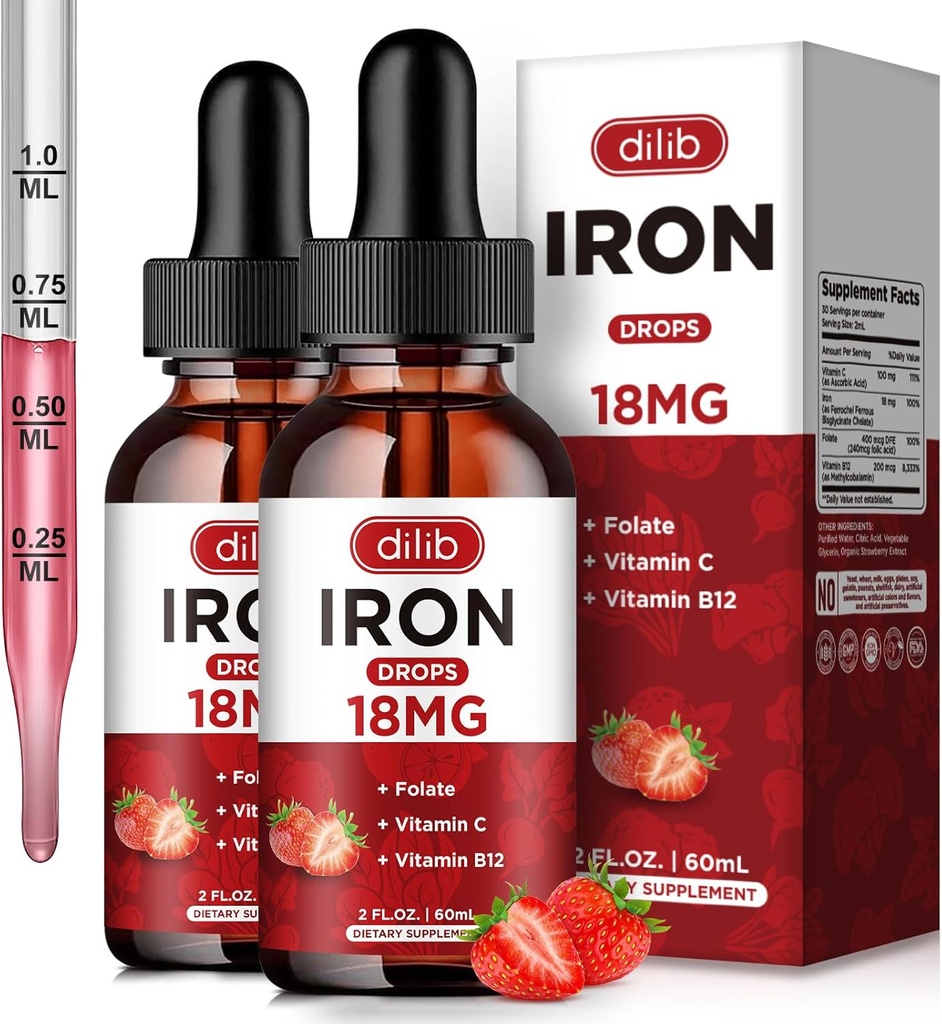 (2 Pack) Flydende jerntilskud til kvinder og mænd jerndråber Jerntilskud til anæmi med folat, C-vitamin, B12 til røde blodceller Support-Strawberry, 4 Fl Oz