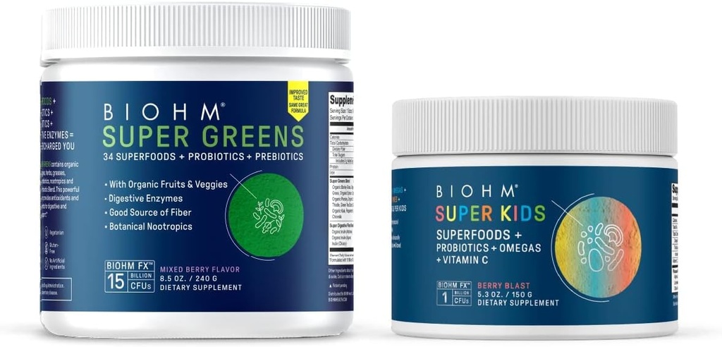 BIOHM Super Green og Super Kids Bundle, Green Superfood Powder Antioxidant Veggies med Kids Superfood Plus Probiotika, Berry Flavor, 30 Servere hver