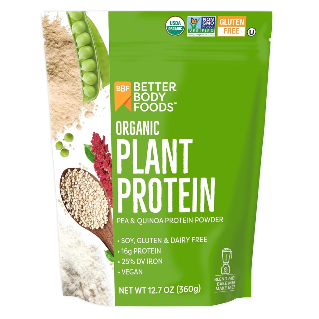 BetterBody Foods Organic Plant Protein Powder, 16g Protein 24% DV, Vegan, Low Net Carbs, Gluten Free, Dairy Free, No Sugar Added, Soy Free, Non- GMO, 12.7 Ounces