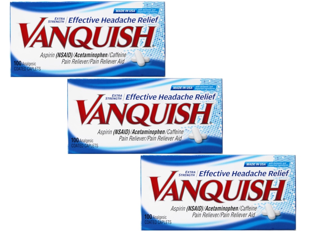 Vanquish Effektiv Hovedpine Relief - Aspirin (NSAID), Acetaminophen, Koffein, 100 Analytisk overtrukne kapsler - 3 Pack