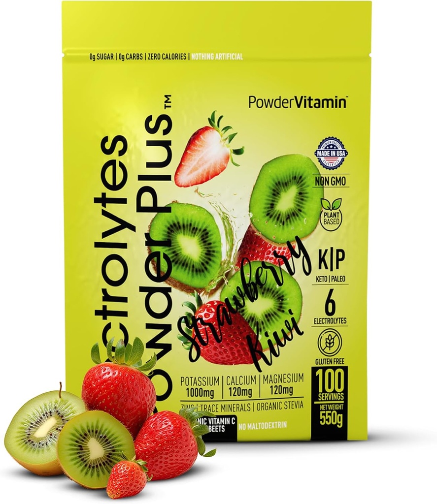 PowderVitamin Electrolytes Powder Plus (100 Servere) Strawberry Kiwi Electrolyte Powder Zero Calorie Keto, 0 Sugar, No Maltodextrin, 1000mg Kalium, 120mg Calcium, 120mg Magnesium, Hydrationspulver