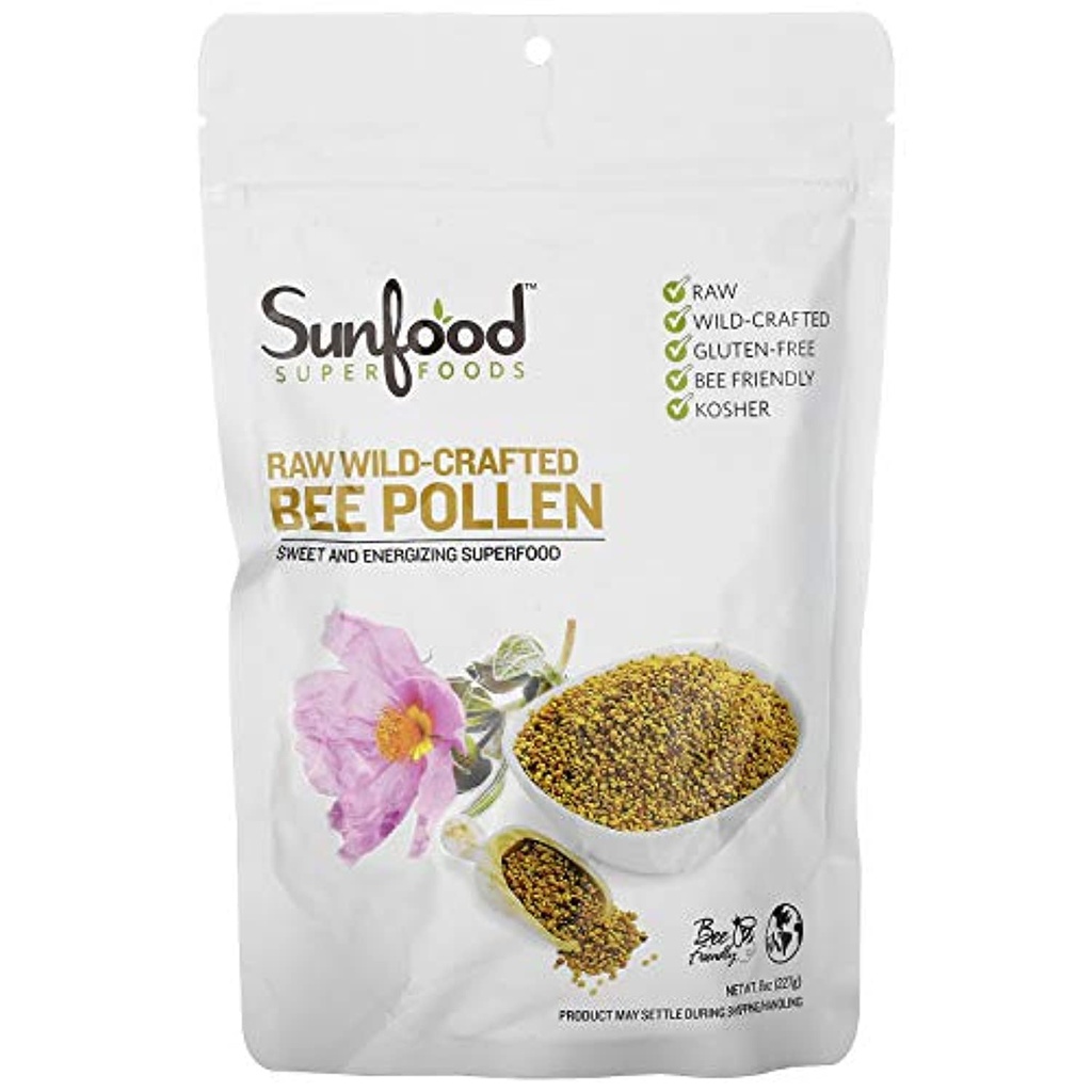 Sunfood Superfood Raw Wild- Crafted Bee Pollen - Bee Pollen Granules, 100% Raw Bee Pollen Supplement, Honning Bee Pollen indsamlet af Beekepers, Natural Superfood til mænd og kvinder - 8 Oz Bag