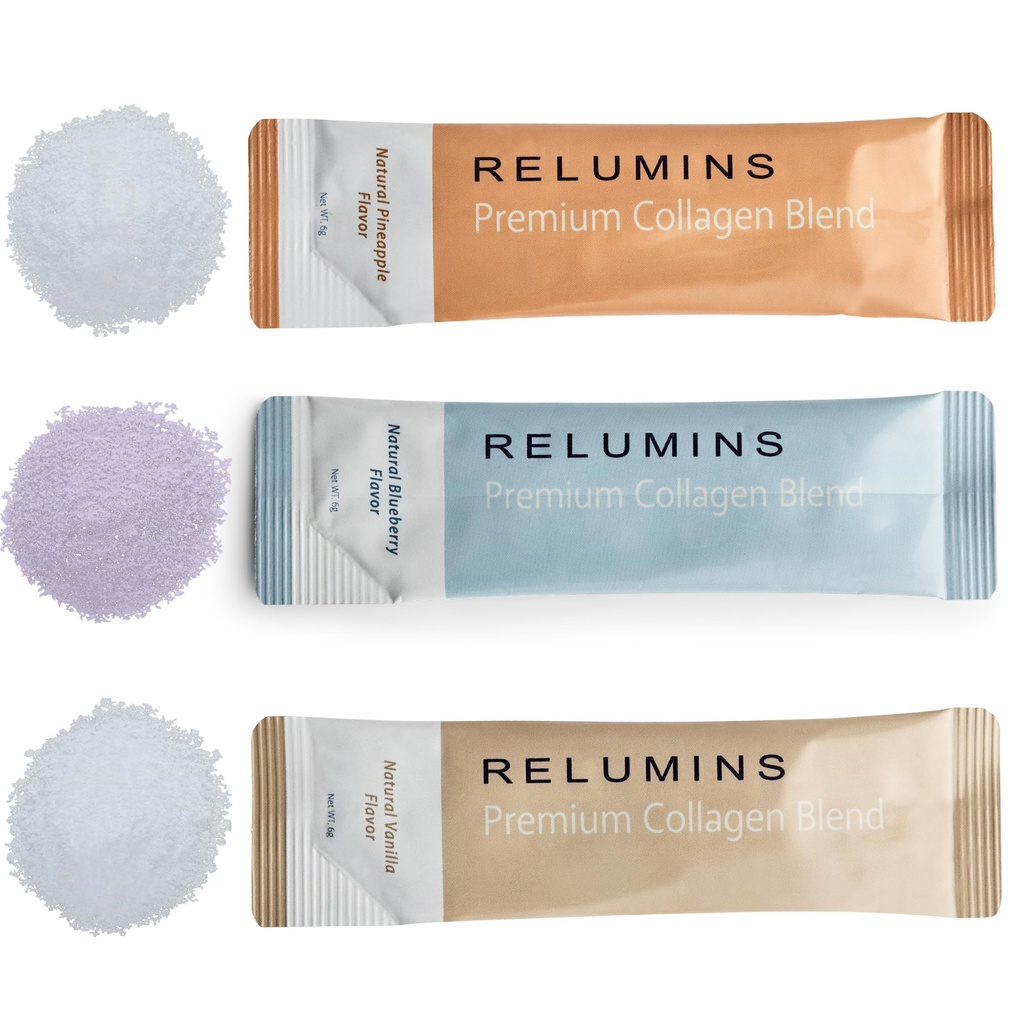 Reluminer Marine Collagen Powder Drink Mix - Collagen Peptid med Glutathione, grøn te, CoQ10, & Hyaluronsyre Øger glat glødende hud - 100 Powder Sachets x Mix Flavored