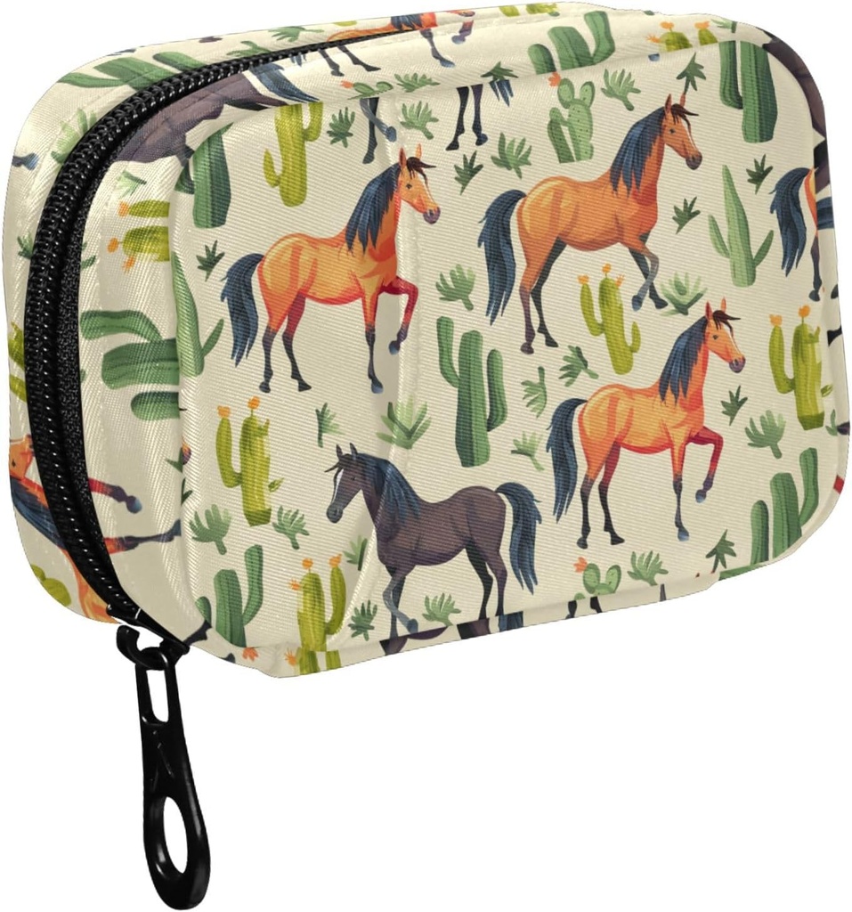 Fustylead Vintage Cartoon Heste og Cactus Pill Organizer til purse, Ugentlig Portable Pill Box med lynlås til opbevaring Vitaminer Fisk Olier Medicin Kosttilskud