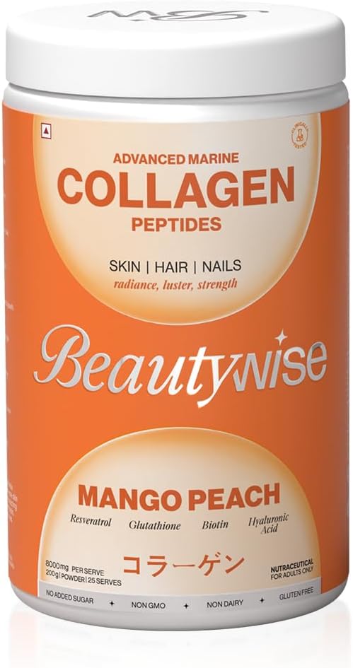 Beautywise Advanced Marine Collagen Proteins Powder with Hyaluronic Acid, Glutathione & Biotatin Mead124; Ingen lugt & let at blande med ingen tilsat sukker 250G (Mango- Peach Pack med 1)