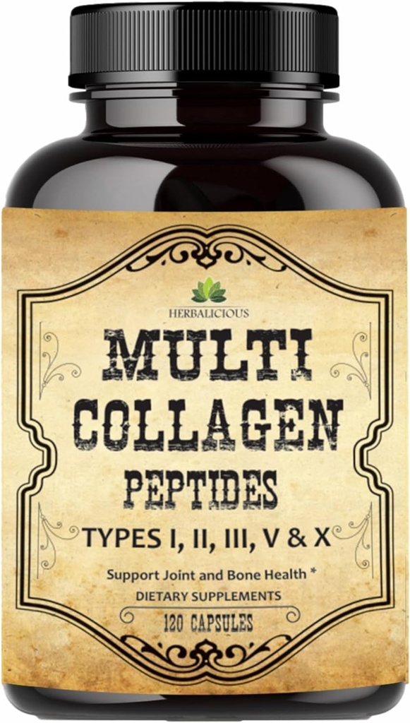 HERBALICIOUS Multi Collagen Peptider kapsler - Non-GMO & Gluten Free Type I, II, III, V, X Hydrolyzed Collagen Kosttilskud med C-vitamin - understøtter sundt hår, hud, negle, & Joints - 120 kapsler