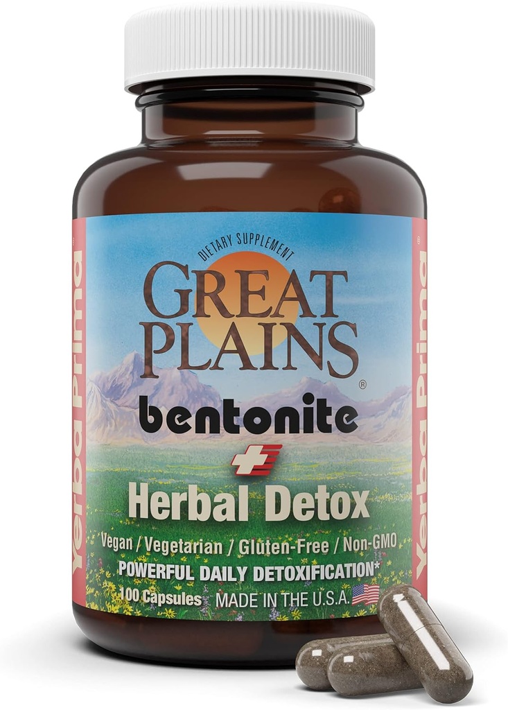 Yerba Prima Bentonite Clay Plus Herbal Detox, 100 Veg Kapsler - Food Grade Clay fra The Great Plains, USA - Colon & Lever Cleanse supplement med Calcium Clay