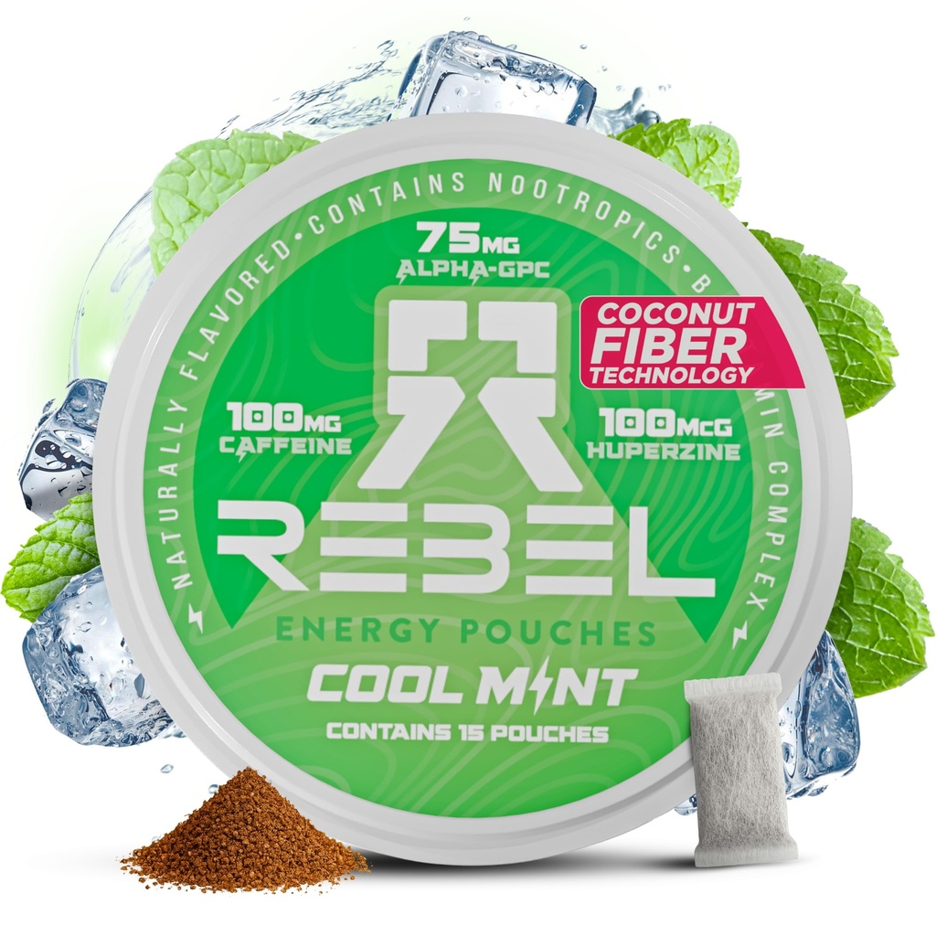 Nootropisk energi Koffein Pouches • 100 mg Koffein • Alpha GPC • Huperzine A & essentielle vitaminer • Sukkerfri • Kokosolie Fiber Technology • Cool Mint Flavor • 15 Pouches Per Can (pakke med 1)