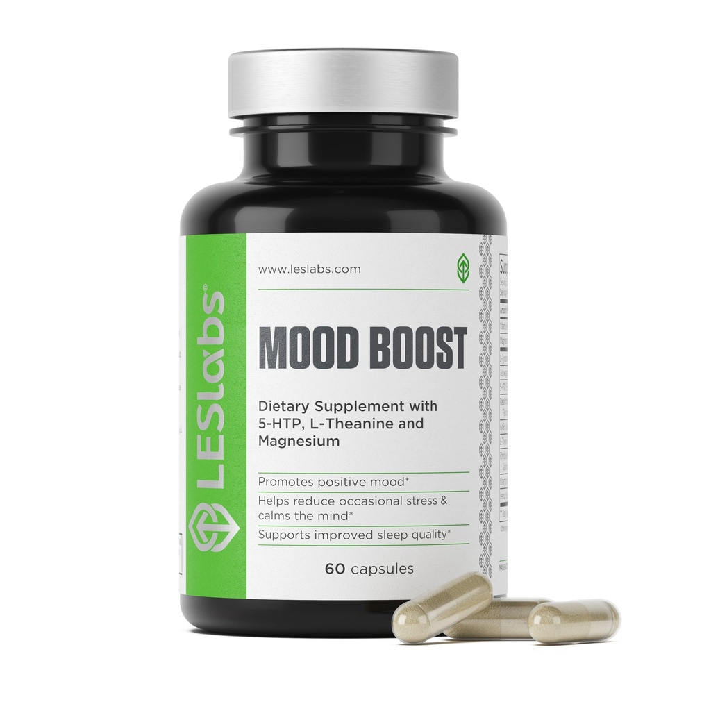 LES Labs Mood Boost - Stress Relief, Mood Support, Deep Relaxation & Better Sleep - 5-HTP, Ashwagandha, Rhodiola Rosea, Magnesium, L- Theanine & GABA - Non- GMO supplement - 60 kapsler