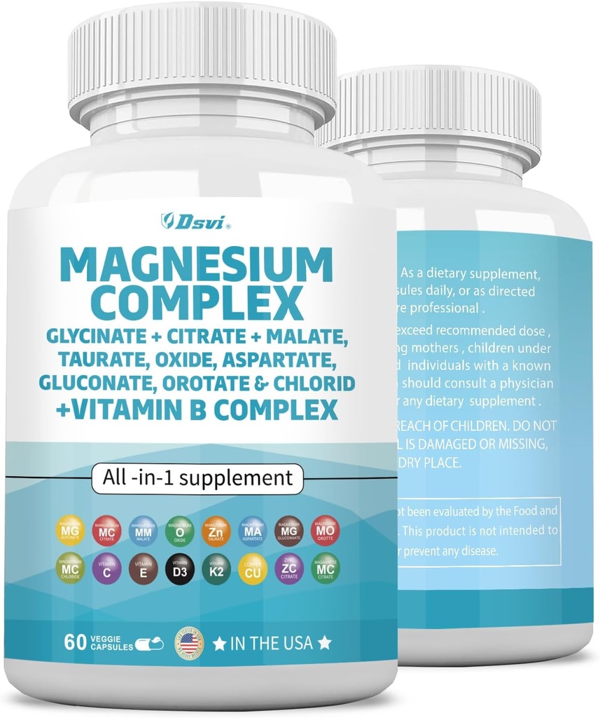 60 Count Magnesium Complex 2285mg med Magnesium Glycinat Citrat Malatoxid Taurat Aspartatgluconat Oroter & Mag Chlorid, Zink Copper Mangan & Vitamin C B1 B2 B6 B12 Complex USA