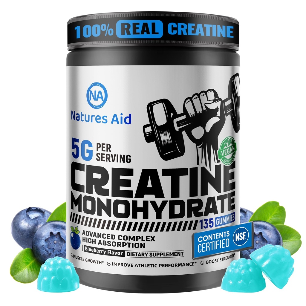 Natures Aid Creatinine Monohydrat Gummies (5g) - Pre-Workout Energy & Muscle Growth Support for Mænd & Kvinder