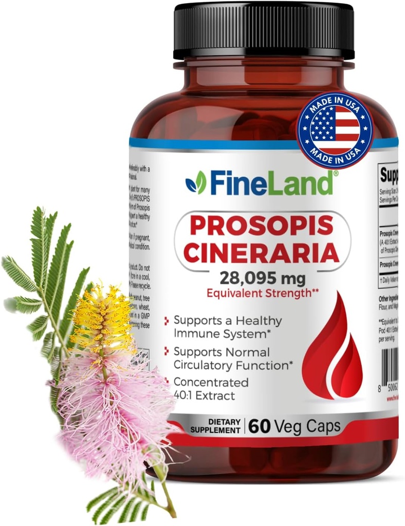 FineLand Prosopis Cineraria 40: 1 Extract - 28,000 mg Max Strength - Full Spectrum - Understøtter Cholesterol, Circulation & Arterial Health - Non-GMO, Gluten Free - 60 Veganske kapsler